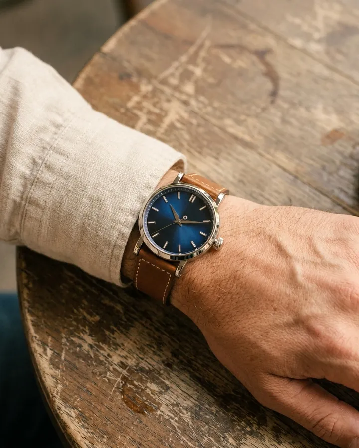 HALDEN watch worn on the wrist, AI lifestyle photo