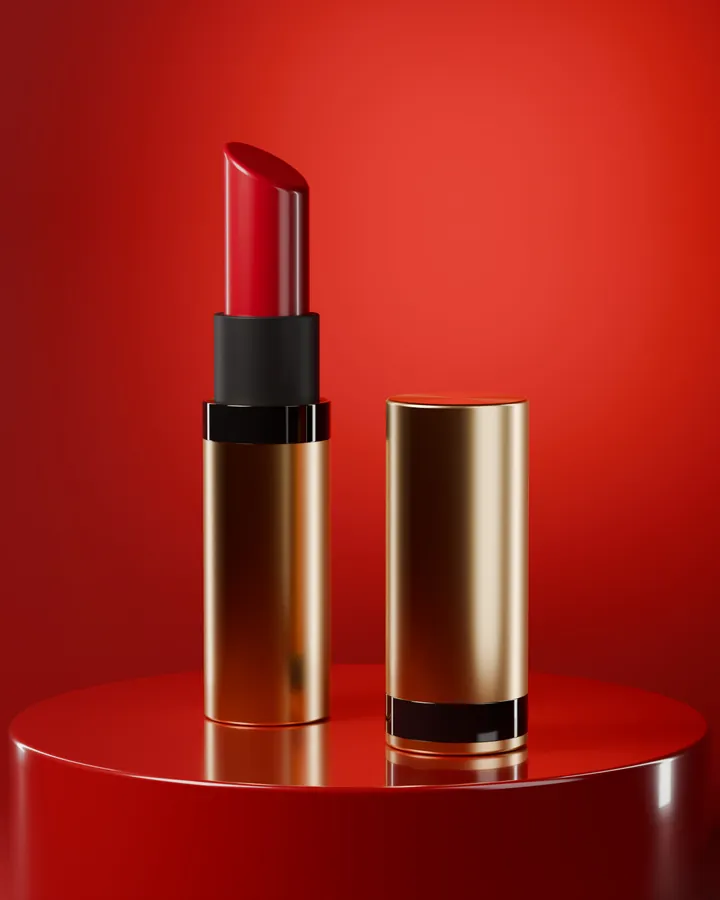 Red lipstick on a red studio set