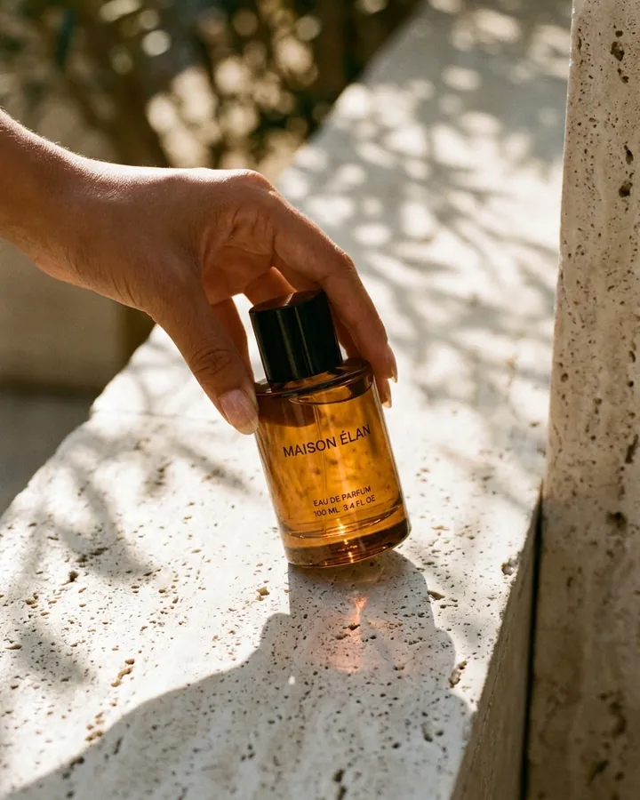 Maison Élan perfume held in sunlight on travertine