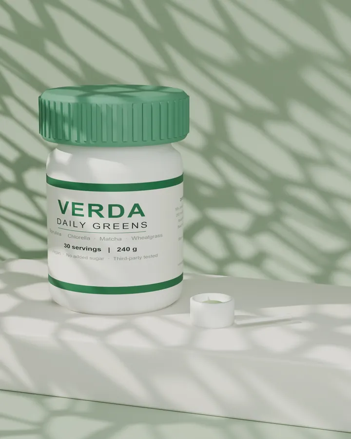 Verda supplement jar in dappled light on sage