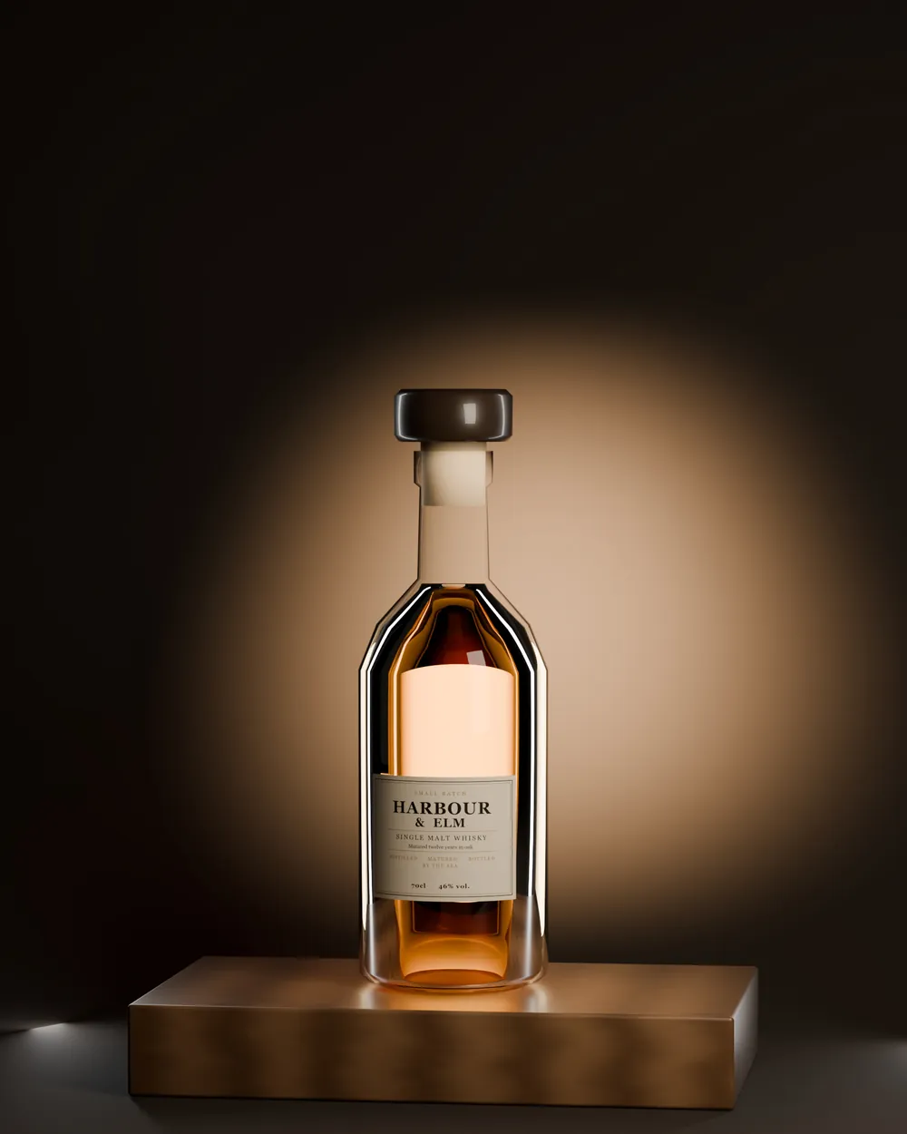 Harbour & Elm whisky in an AI-generated spotlight scene
