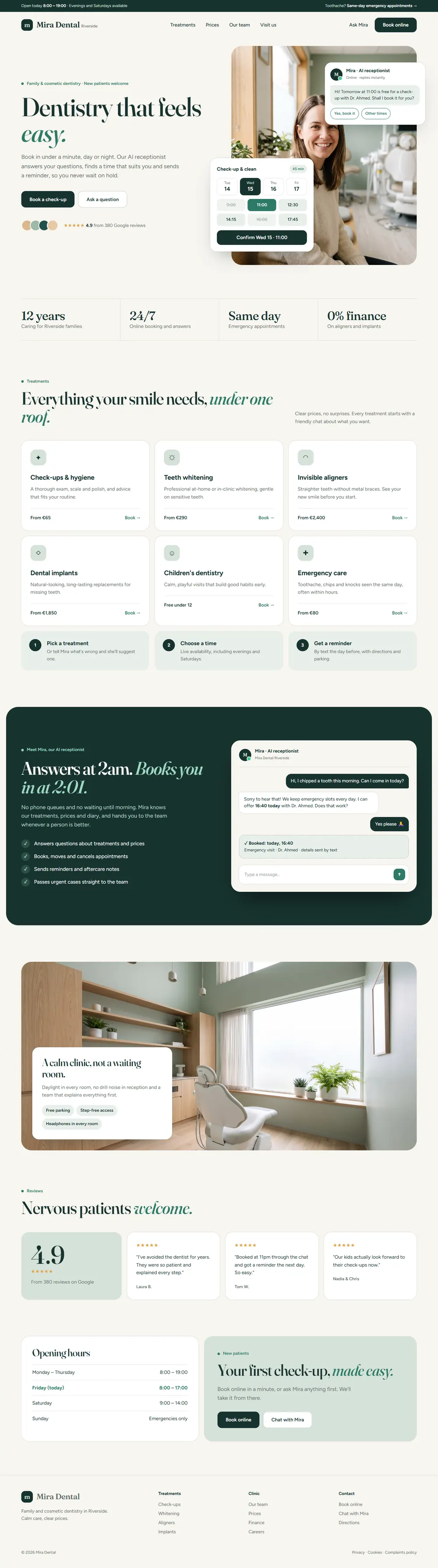 Mira Dental website: online booking and an AI receptionist chat